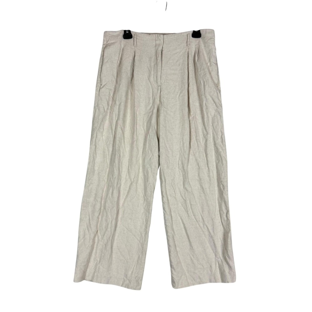 H&M Pants Womens 12 White Linen‎ Blend Pleated Wide Leg Dress Twill Pockets